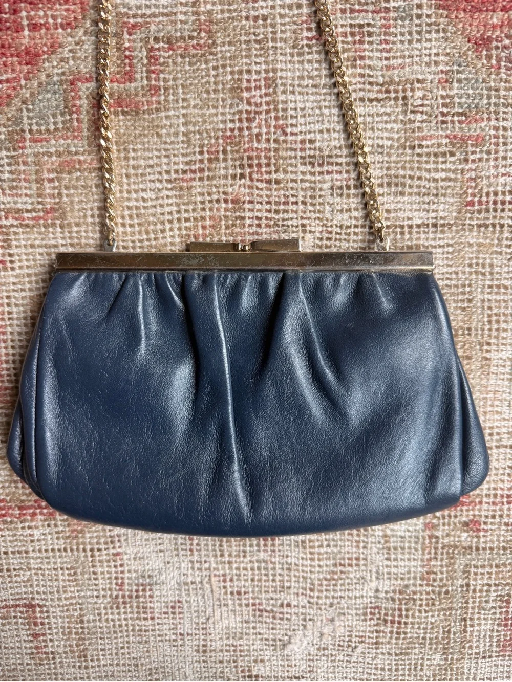 Vintage cocktail Navy Leather Chain-Strap Evening Clutch